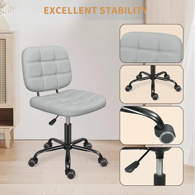 Armless Home Office Desk Chair with Wheels, Modern Ergonomic Drafting Rolling Chair with 360° Swivel Wheels,Height Adjustable Computer Task Chairs for Small Space, Light Grey