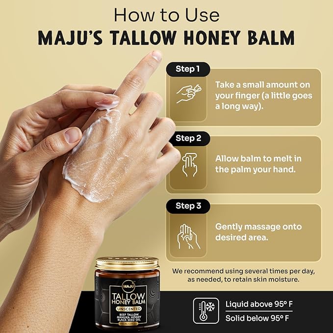 MAJU Beef Tallow Manuka Honey Balm, Unscented (2 oz), Grass-Fed Beef Tallow for Skin with Organic Black Seed Oil, Manuka Honey and Organic Beeswax, Skin and Face Moisturizer for Deep Hydration