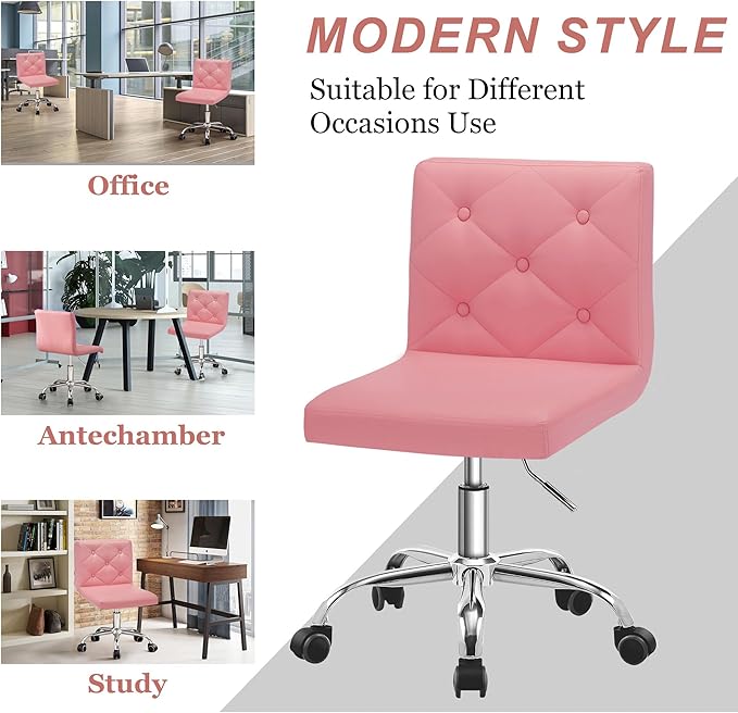 VECELO PU Leather Mid-Back Armless Vanity Chair Adjustable Height 360° Rolling Swivel for Home Office Work