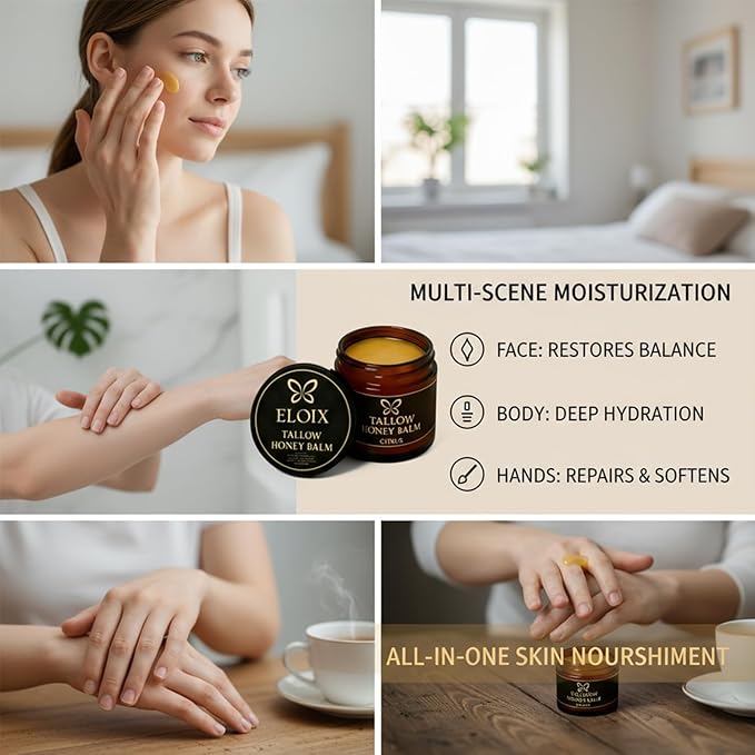 Tallow Honey Balm, Beef Tallow for Skin, Organic Grass Fed Beef Tallow Balm with Raw Honey, Moisturizing Cream for Soft, Natural Body Moisturizer for All Skin Types