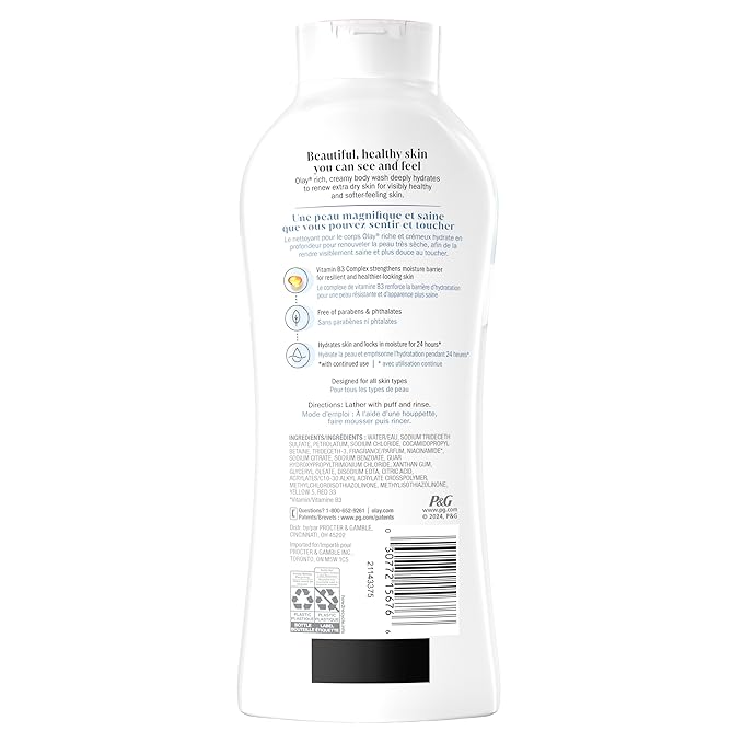 Olay Body Wash for Women, Ultra Moisture, For Extra Dry Skin, 24hr Moisturizing, Hydrating & Refreshing, B3 Vitamin Complex, Free of Parabens & Phthalates, Scented, 22 fl oz,(Pack of 2)