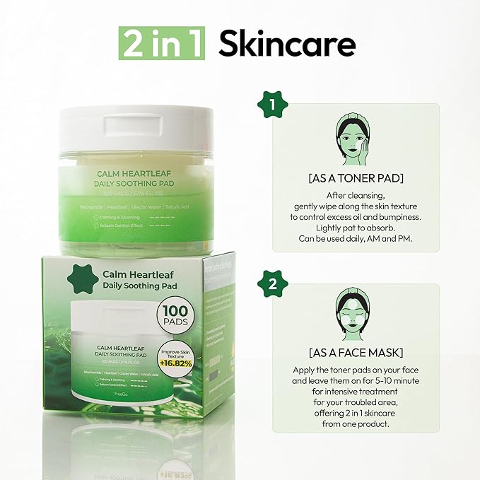 FreeGo Calm Heartleaf Daily Soothing Pad (100 Pads), K-Beauty Korean Skincare Facial Toner Pads for Sensitive or Pimple-Prone Skin, Instant Soothing Skin Repair, Korean Skin Care for Dark Spots
