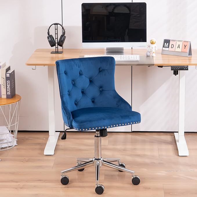 VINGLI Navy Blue Velvet Armless Home Office Desk Chair with Silver Chrome Base/Wheels, Cute Vanity/Makeup Chair with Back for Bedroom, Upholstered Adjustable Rolling Swivel Nail Chair for Women/Girls