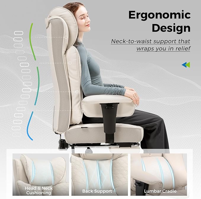 GTPLAYER Big and Tall Office Chair 400LBS Wide Ergonomic Gaming Chair with Deluxe Embossing Designed Leather with Foot Rest,150°Reclining Adjustable Soft Armrests Pocket Spring Back Support and Pillow