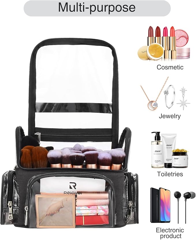 TANTO Clear Makeup Brush Case,Stand-up Makeup Cup Large Cosmetic Organizer Holder Professional Makeup Artist Travel Case with Adjustable Divide&Strap (02-Black(X Large))