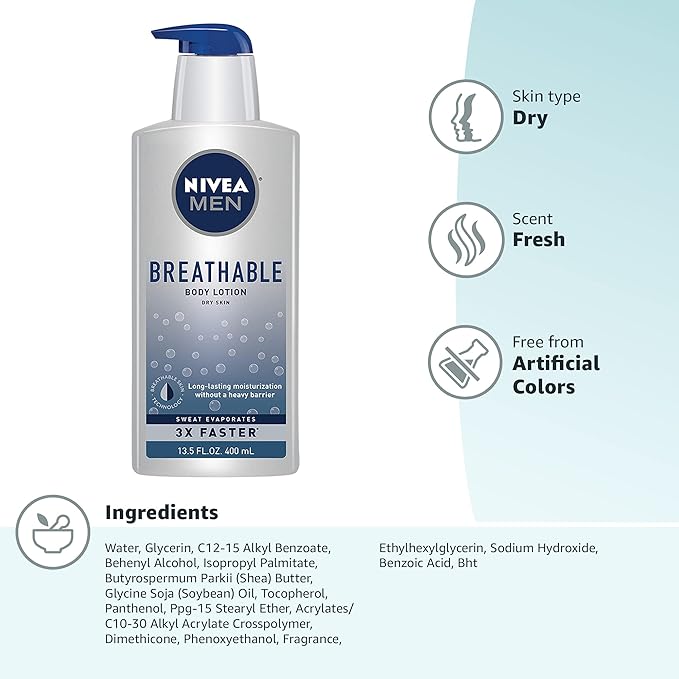 Nivea Men Breathable Body Lotion,48 Hour Hydrating Lotion for Men,13.5 Fl Oz Bottle,(Pack of 2)