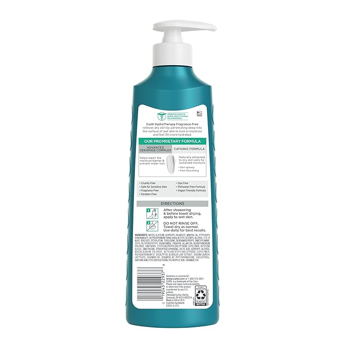 Curel Hydra Therapy In Shower Lotion, Itch Defense Body Moisturizer with Advanced Ceramide Complex, Vitamin E, & Oatmeal Extract, 12 Oz