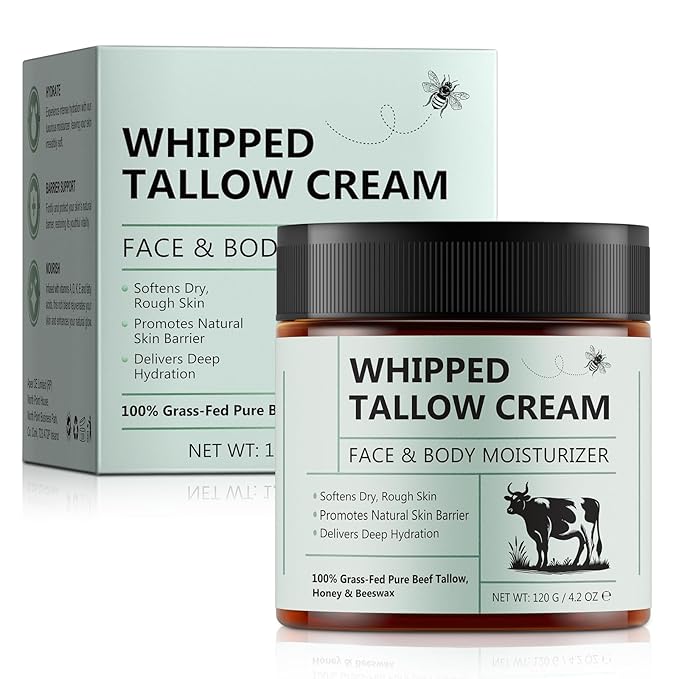 Beef Tallow for Skin, Tallow and Honey Balm (4.2 Oz), Tallow Face Moisturizer, Organic Grass Fed Whipped Beef Tallow with Honey Beeswax, Deeply Moisturizing for Face & Body, Unscented Fast Absorption