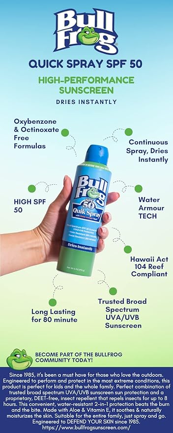 Bullfrog Quik Spray Sunscreen SPF 50 | Oxybenzone & Octinoxate Free | Broad Spectrum Moisturizing UVA/UVB, 2 pack