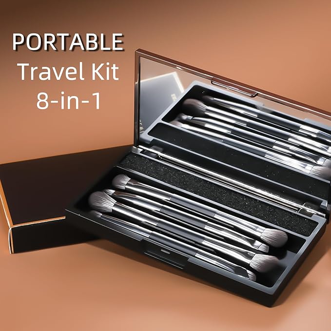 ENERGY Travel Eye Makeup Brush Set Eyeshadow Eyeliner Undereye Concealer Eyebrow Smudge Make Up Applicators for Liquid Cream Powder Blending Double ended Makeup Brushes with Case 4PCS