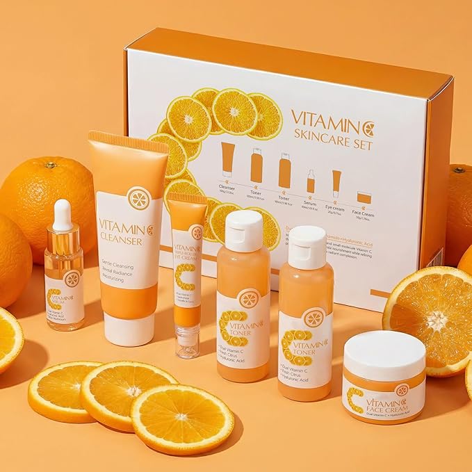 6-Piece Hydrating Skincare Set with Vitamin C & Niacinamide, Full Size Daily Face Care Kit for All Skin Types Includes Toner, Serum, Cleanser, Face Cream, Gift Box for Women and Girls