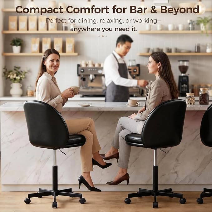 GTPOFFICE Vanity Chair with Back, Adjustable Tall Office Chair High Swivel Bar Stools Fluffy Cute Desk Chair Comfy with Wheels Armlees Counter Height for Adults Standing Desk Bar, Smooth Pu, Black