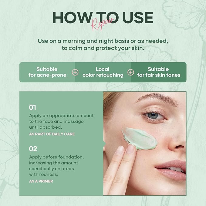 Green Color Corrector CC Cream with Centella Asiatica, Soothing Color Correcting Treatment for Face Rednes and Sensitive, BB Cream &Tinted Moisturizer Blurs Skin, Natural, Luminous Finish