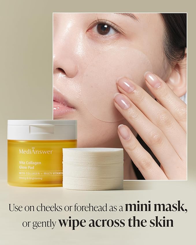 Vita Collagen Glow Pad - Korean Toner Pads with 500Da Collagen 79% + 50,000ppm Niacinamide & 5 Peptides, Retinol & Vitamin C, Swipe or Mini Mask, 80 Pads