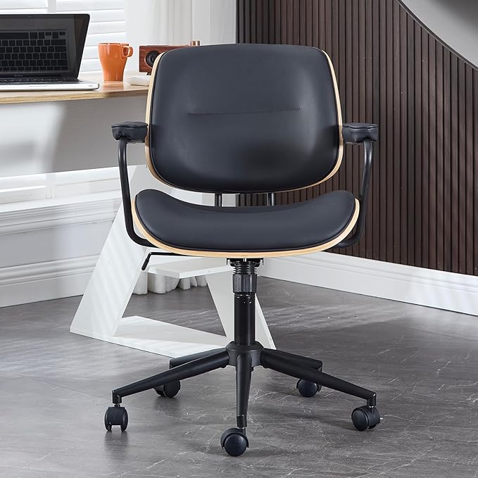 Mid Century Walnut Office Chair with Arms, Adjustable Swivel Desk Chair, Leather Computer Chair with Rolling Wheels for Home Office or Study Room, Black