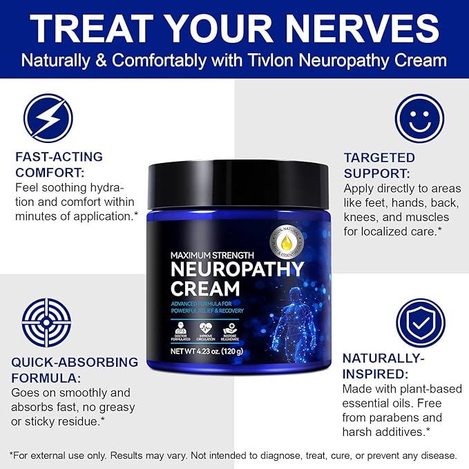 Neuropathy Cream Extra Strength Nerve Relief Cream for Feet, Legs, Neck, Back, Hands, Body – Lightweight, Plant-Based Formula with Cooling Comfort, 4 oz