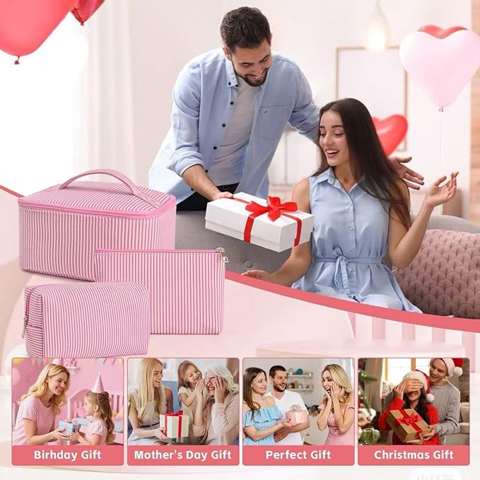3 Pieces Makeup Bag Set Cute Cosmetic Pouch for Women Seersucker Cosmetic Bag Aesthetic Travel Toiletry Organizer Preppy Small Makeup Purse Pouch Skincare Brushes Storage Organizer for Women (Pink)