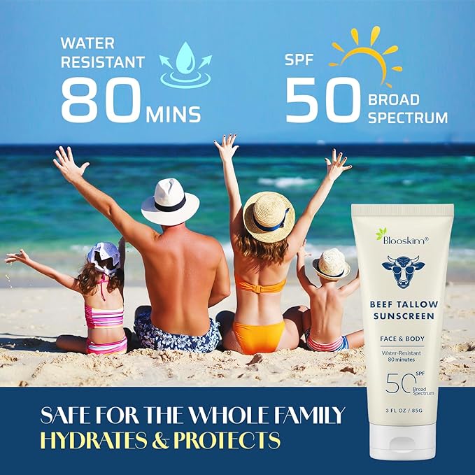 Beef Tallow Sunscreen SPF 50: Natural Tallow & Zinc Oxide Sunblock Cream for Face & Body - Sun Protection with Non Greasy Formula for Women and Men - Water-Resistant 3 oz