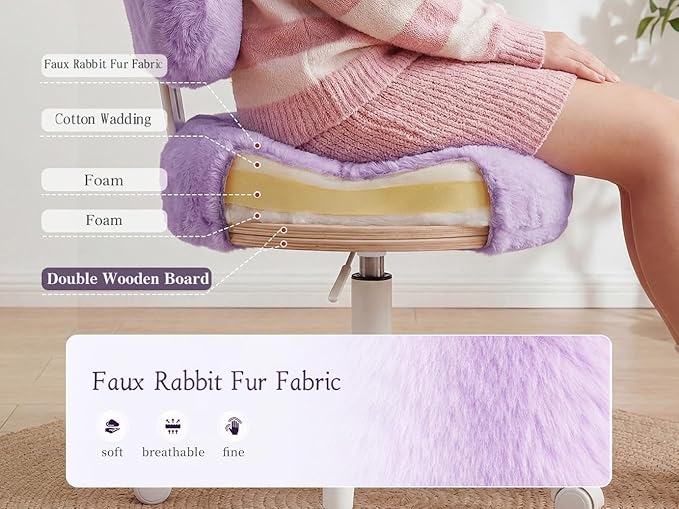 Vanity Chair with Wheels, Cute Desk Chair with Bow Backrest, Fluffy Faux Rabbit Fur Small Office Chair for Vanity, Make-up Room, Bedroom, Dorm, Height Adjustable, Purple