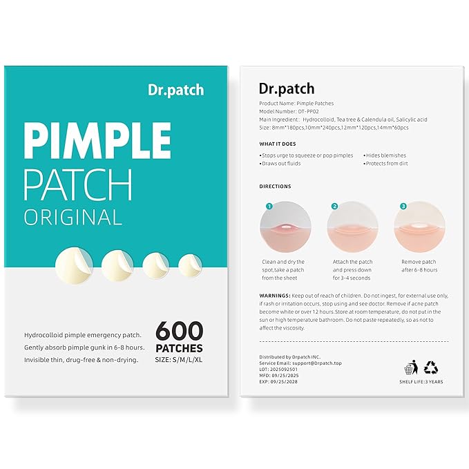 600 Counts Pimple Patches - Hydrocolloid Acne Patches for face, Pimple Stickers for Covering Zits and Blemishes, Gentle for All Skin Types(4 Size)