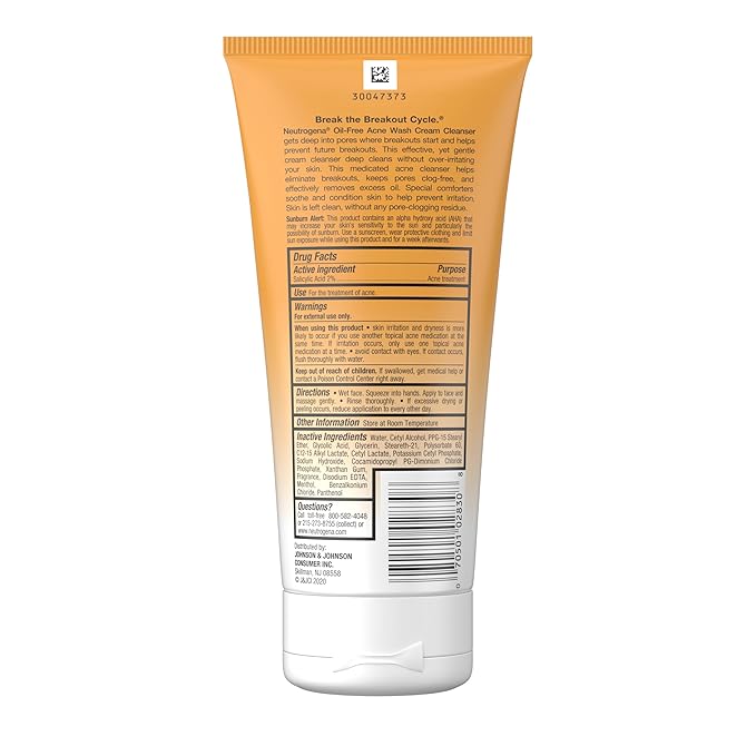 Neutrogena Oil-Free Acne Face Wash Cream Cleanser, 2% Salicylic Acid Acne Treatment, Daily Facial Cleanser for Acne-Prone Skin, 6.7 fl. oz