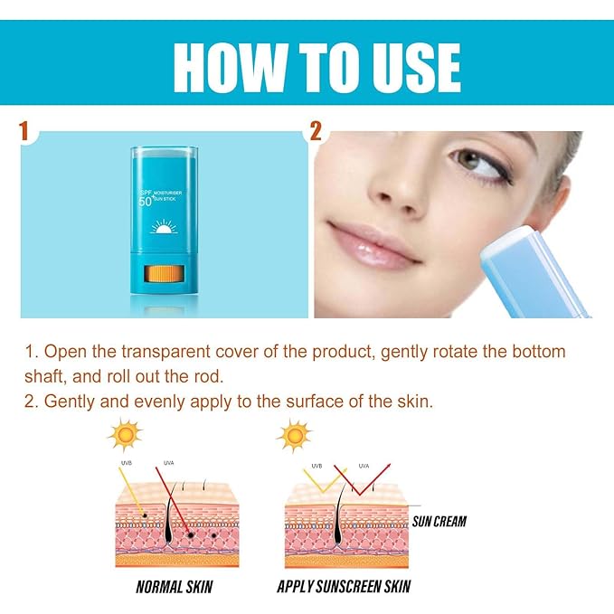 Moisturizing Sunscreen Stick SPF 50+, Korean Sunscreen Stick for Face & Body, Water Resistant & Lightweight, Effective UV Protection Sunblock Sticks for All Skin Types, No Cast White, 0.7 Oz (2pc)