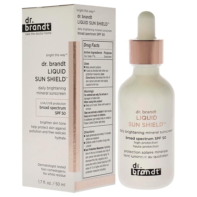 Dr. Brandt Liquid Sun Shield. SPF 50 UVA/UVB Mineral Face Sunscreen. HEV/Blue Light, Infrared and Pollution Protection. Non-Nano Zinc Oxide, Reef-Safe (1.7 fl oz)