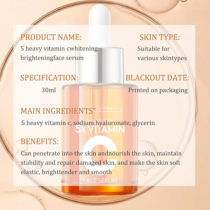 5X Vitamin C Serum for Face 30ml,Hydrating Face Essence,Hyaluronic Acid, Centella For Dull Facial Skin,Uneven Tone,Fine Lines,Pores, Dry Skin, Morning & Evening Skincare Women Gift