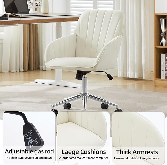 Velvet Home Office Desk Chair, Modern Cute Computer Task Chair with Back, Height Adjustable Upholstered Vanity Chair with Swivel Wheels for Women, Girls (Silver Base, Cream