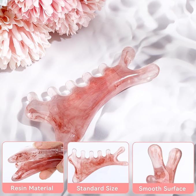 2 Pcs Gua Sha Facial Tools 4-in-1 Guasha Tool for Face Neck Eye Jaw, Amber Resin Massage Comb Head SPA Brush Scalp Massager for Hair Growth Body Tension Relief Lymphatic Drainage