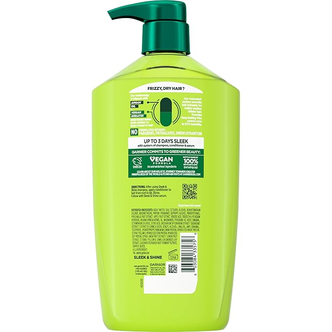 Garnier Fructis Sleek & Shine Conditioner, Smoothing Conditioner for Frizzy, Dry Hair with Argan Oil and Vegan Keratin, 33.8 Fl Oz (Packaging May Vary)