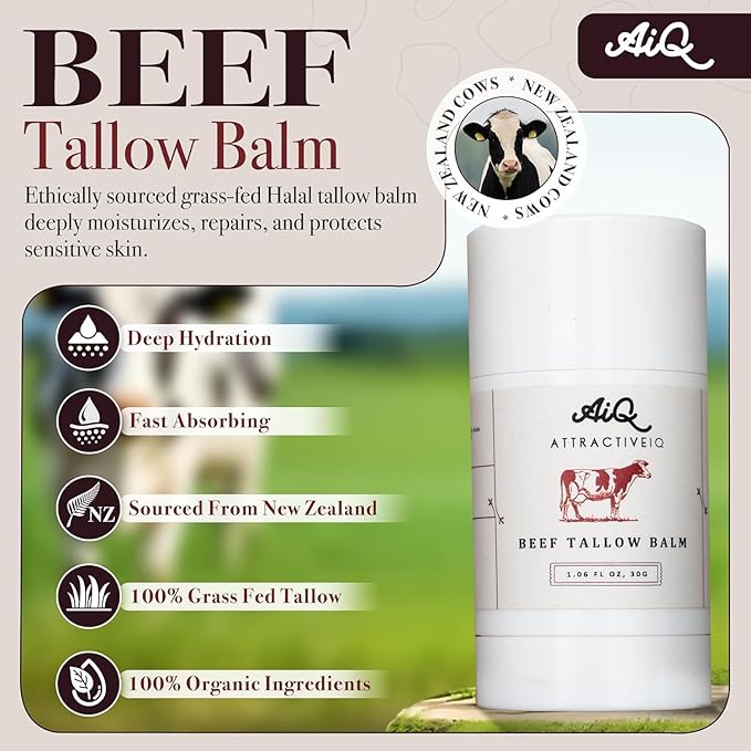 Beef Tallow for Skin – Grass-Fed Tallow Balm Stick Moisturizer with Raw Honey, Vitamin E & Olive Oil – Natural Face & Body Moisturizer for Dry, Sensitive Skin (1.06 oz)