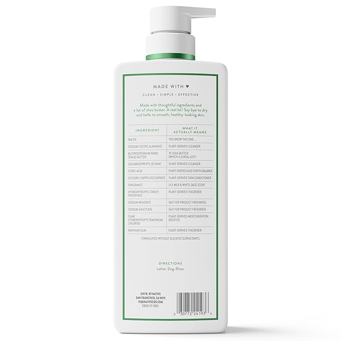 Native Moisturizing Body Wash, Lily Milk & White Sage, 24-Hour Hydration for Dry & Sensitive Skin, Made with Real Shea Butter, Sulfate & Paraben Free, 22 oz