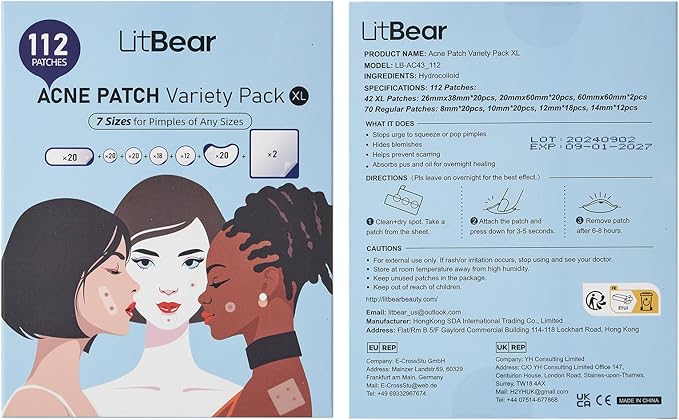 LitBear Large Pimple Patches (7 Sizes 112 Counts), Big Acne Patches, XL Hydrocolloid Bandages for Full Face, Forehead, Chin, Nose, Body, Back, Neck & Chest, Oval, Moon, Square hydrocolloid Patch