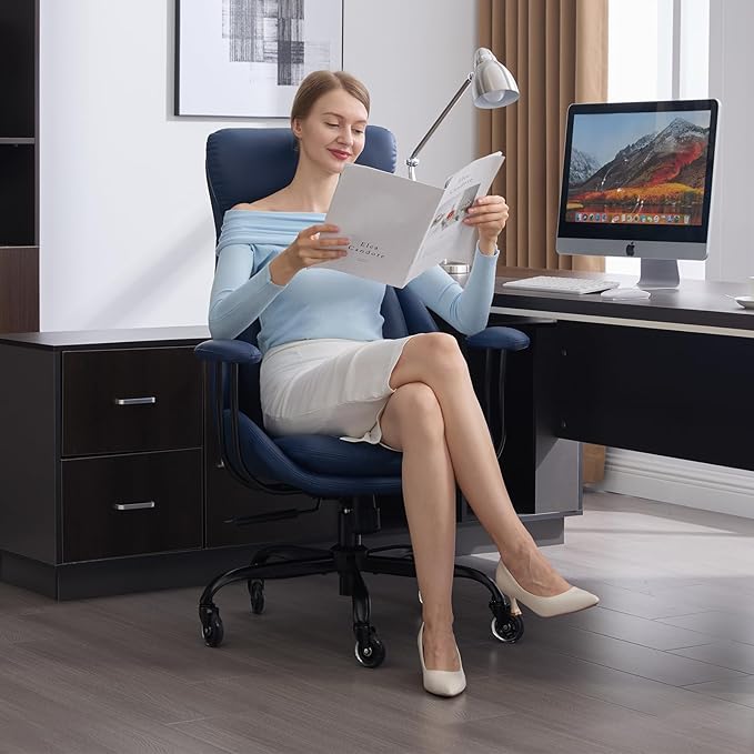 Office Chair, Leather Desk Chair with Rubber Wheels, Ergonomic Computer Chair 500 LBS with Lumbar Support, High Back Executive Chair for Modern Home Office, Blue