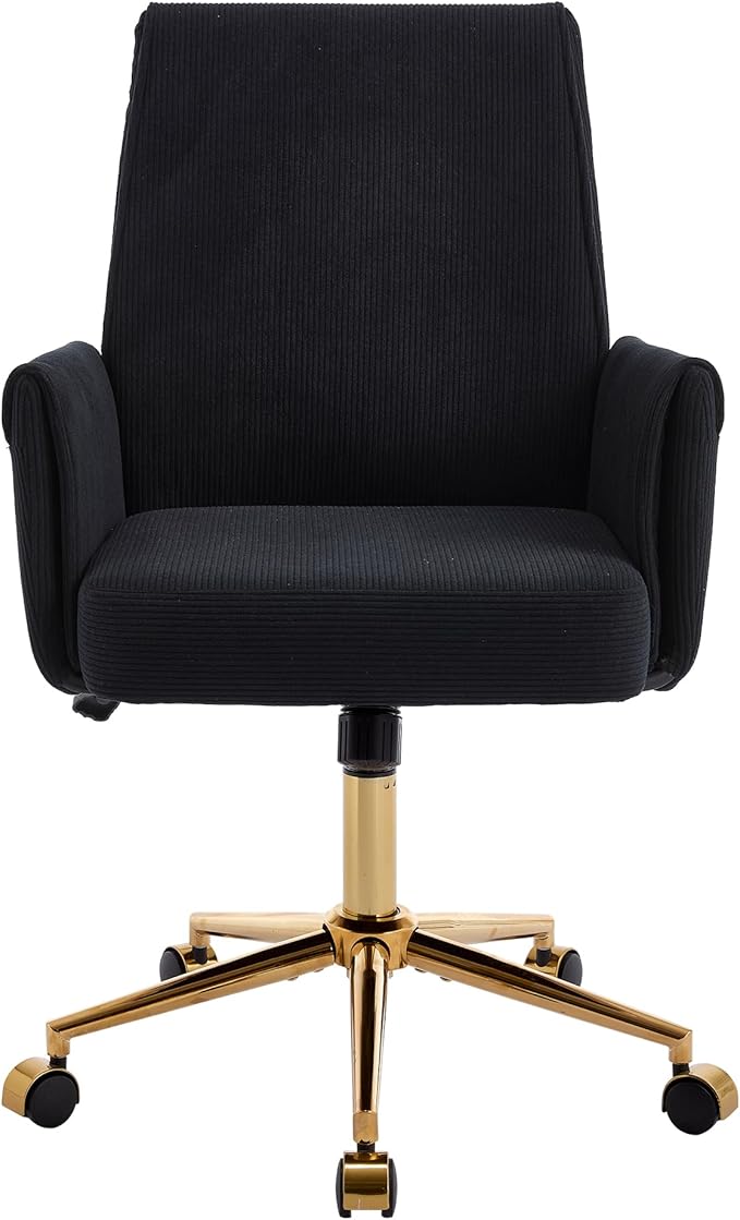 Striped Velvet Office Chair, 360° Swivel Ergonomic Task Chair with High Back, Gold Base and Wheels, Height Adjustable Modern Accent Chair for Home Office, Living Room, Study, Vanity Room (Black)