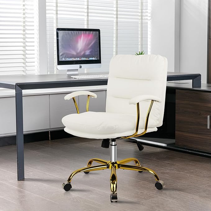Leather Home Office Desk Chair, Mid-Back Vanity Chair Make Up Chair with Gold Wheels and Armrests, Rolling Swivel Computer Task Chair for Office Bedroom Living Room Girls Women, White, 4 Pack