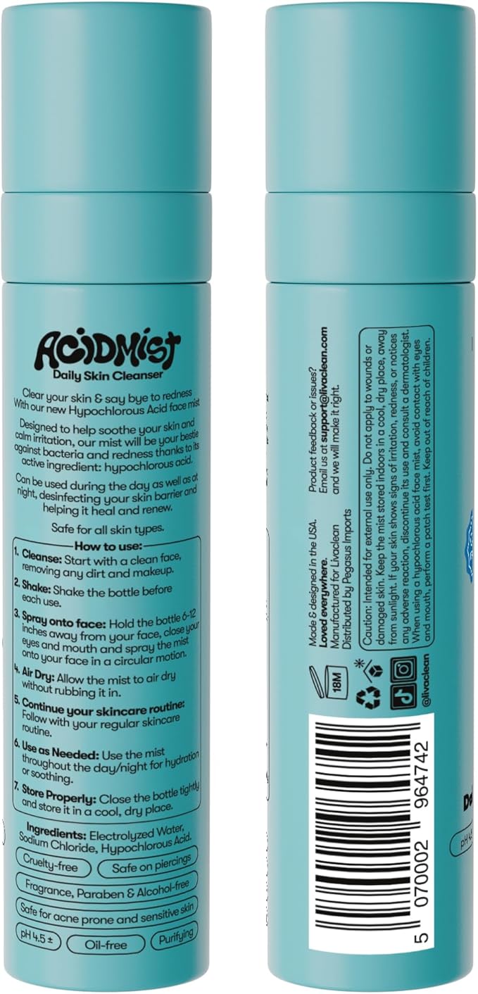 Hypochlorous Acid Spray for Face & Body - 3.4 fl oz 0.02% HOCL - Helps Reduce Redness and Breakouts - Travel Size Hypochlorous Spray - Multi-Purpose Topical Facial Skin Repair - pH-Balancing Toner