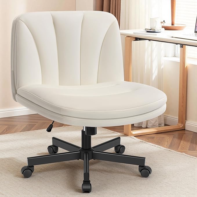 FelixKing Criss Cross Chair with Wheels, Cross Legged Office Chair, Armless Wide Vanity Desk Chair with Comfty PU Leather & Back - Swivel Height Ajustable for Home Office Bedroom, Pearl White