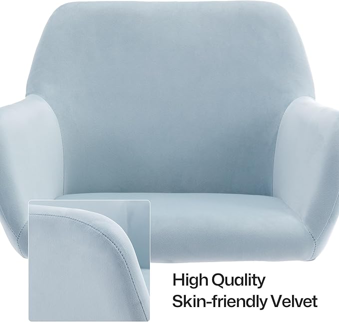 Faux Fur 360°Swivel Desk Chair, Modern Height Adjustable Home Office Armchair with Golden Base for Teens Women Girls, Upholstery Computer Chair, Velvet & Light Blue