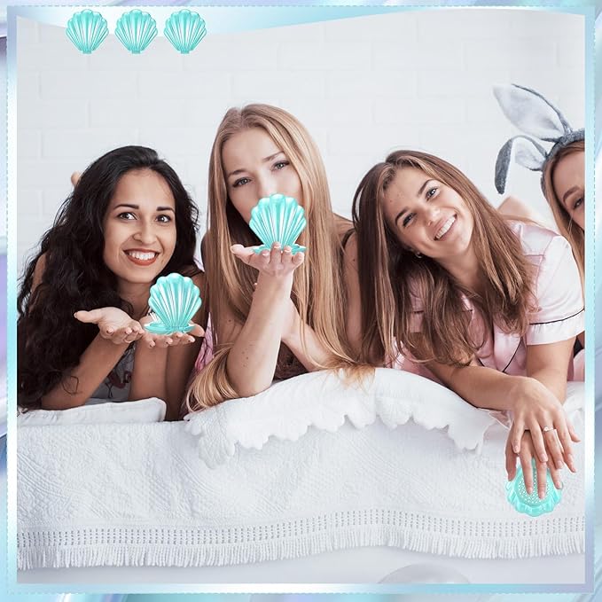 Meanplan 12 Pcs Mermaid Party Favors Shell Hair Brush with Mirror Foldable Mini Travel Pocket Hair Brush Compact Makeup Comb for Women Girls Valentines Day Birthday Gifts(Cyan)