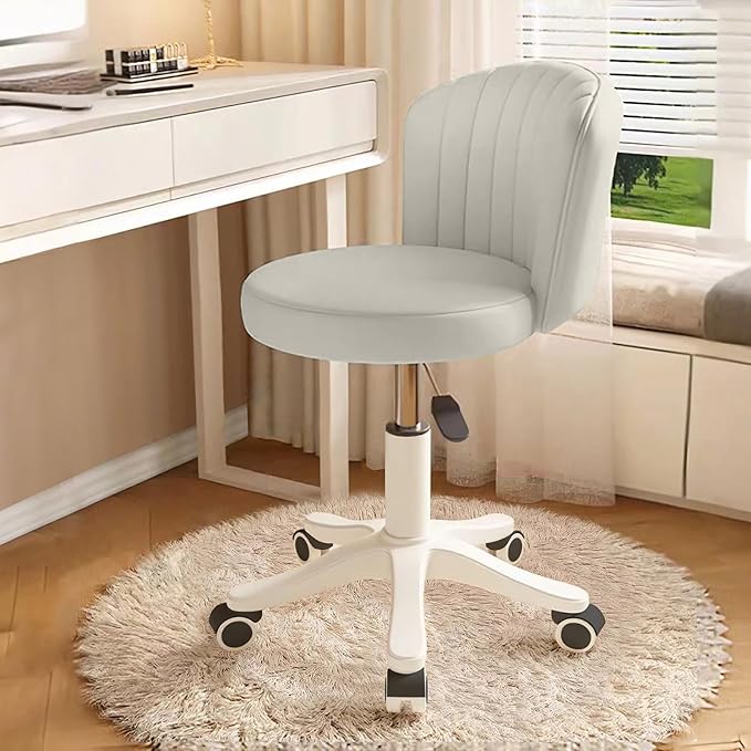 Small Round Rolling Desk Chair Armless Comfy Vanity Computer Chair with Low Backrest PU Leather Height Adjustable Swivel Work Spa Chair