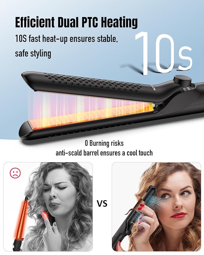 360° Airflow Styler Curling Iron - 1.25 Inch Hair Straightener and Curler 2 in 1 with Vented Cool Air to Lock in Style, Extra Long Flat Iron Curling Wand, 5 Temps & Dual Voltage for Travel