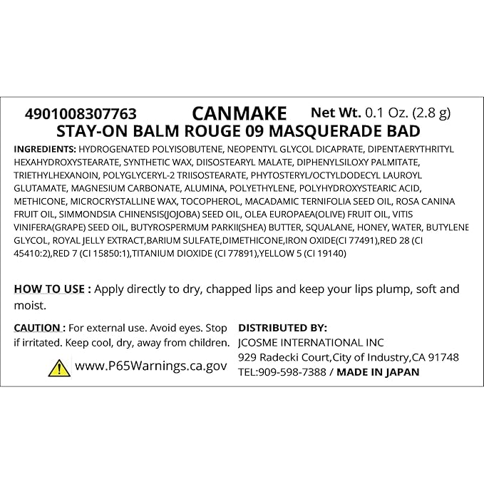 CANMAKE - Stay-On Balm Rouge - Tinted Lip Moisturizing Long-Lasting Protection - 0.1oz (2.8g) (09 Masquerade Bad (4901008307763))