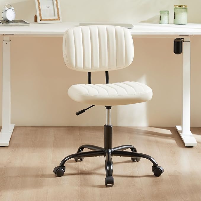 Sweetcrispy Small Office Computer Desk Chair with Wheels and Lumbar Support, Comfy Cute Armlees PU Leather Vanity Rolling Swuvel Task Chair No Arm for Adult, Student, Crame White