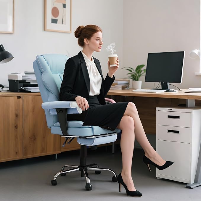 HOMREST 6-Point Massage Executive Chair,Heat Office Chair,Ergonomic Home Office Desk Chairs with Retractable Footrest and Reclining Function,Leather Computer Chair with Adjustable Armrest(โAiry Blue)