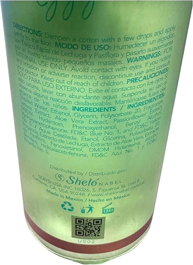 Sheló NABEL Facial Toner Lettuce, Aloe Vera & Passionflower Extract, 8.96 fl oz, Green/Brown