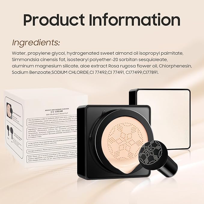 Air Cushion CC Cream - Long-Lasting Brightening Mushroom Head BB Cream Foundation for Face Makeup, Moisturizing Full Coverage Self Adjusting Concealer for Even Skin Tone, Medium Deep, 1 PCS