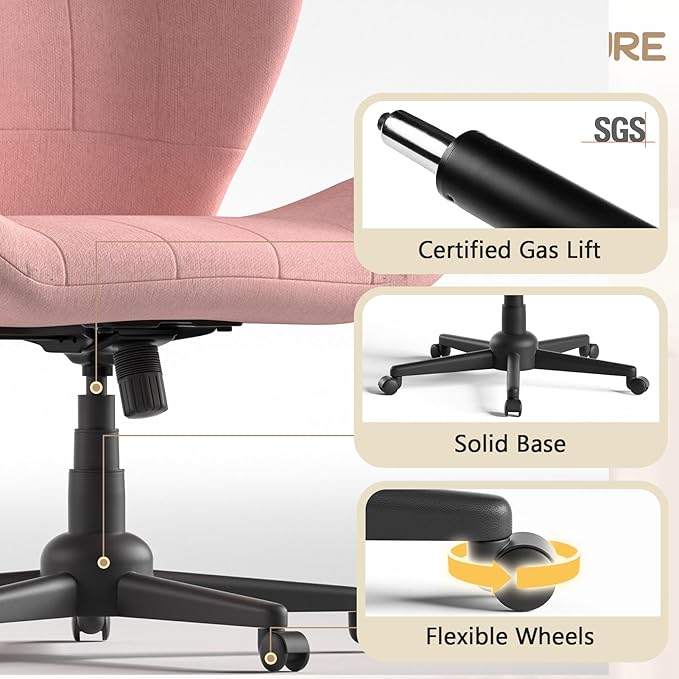 Criss Cross Chair with Wheels, Wide Cross Legged Office Chair Armless Comfy Desk Chair with Tall Back Vanity Chairs with Stress Relief Curved Design Seat for Bedroom & Office & Home Pink