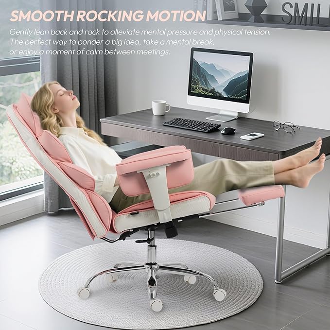 Dowinx Big and Tall Office Chair with Pocket Springs Cushion,High Back Computer Gaming Chairs with Adjustable Armrests,Executive Desk Chairs with Lumbar Support and Footrest,PU Leather-Pink